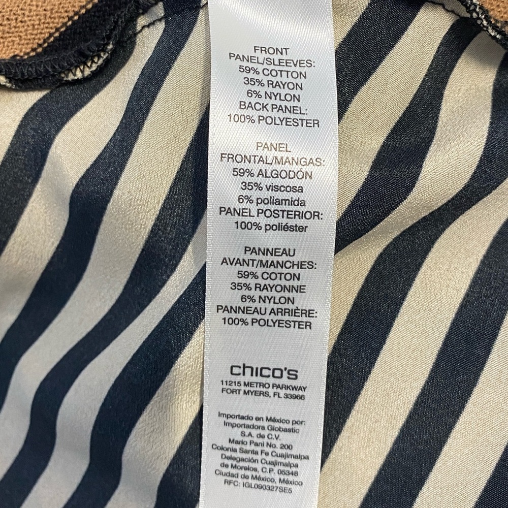 Chico's Trapeze Tunic Sweater Black, Brown, Tan, Cream Striped Elegant Tiny Pull - Picture 17 of 17